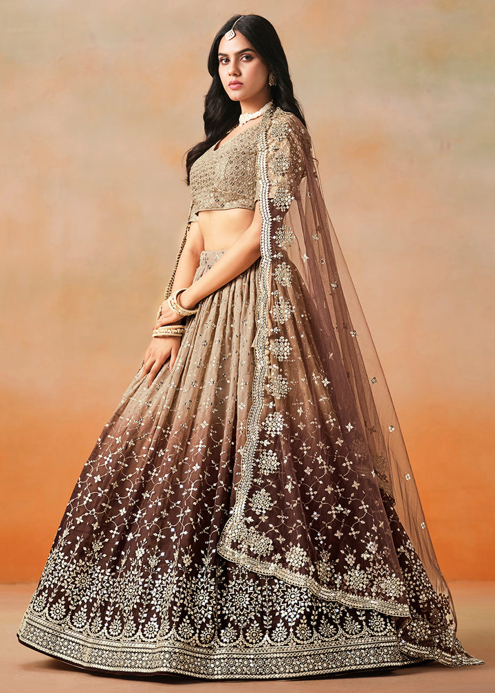 Buy Now Brown Sequins & Zari Embroidered Wedding Lehenga Choli Online in USA, UK, Canada, France, Italy, Germany, Australia, UAE & Worldwide at Empress Clothing.