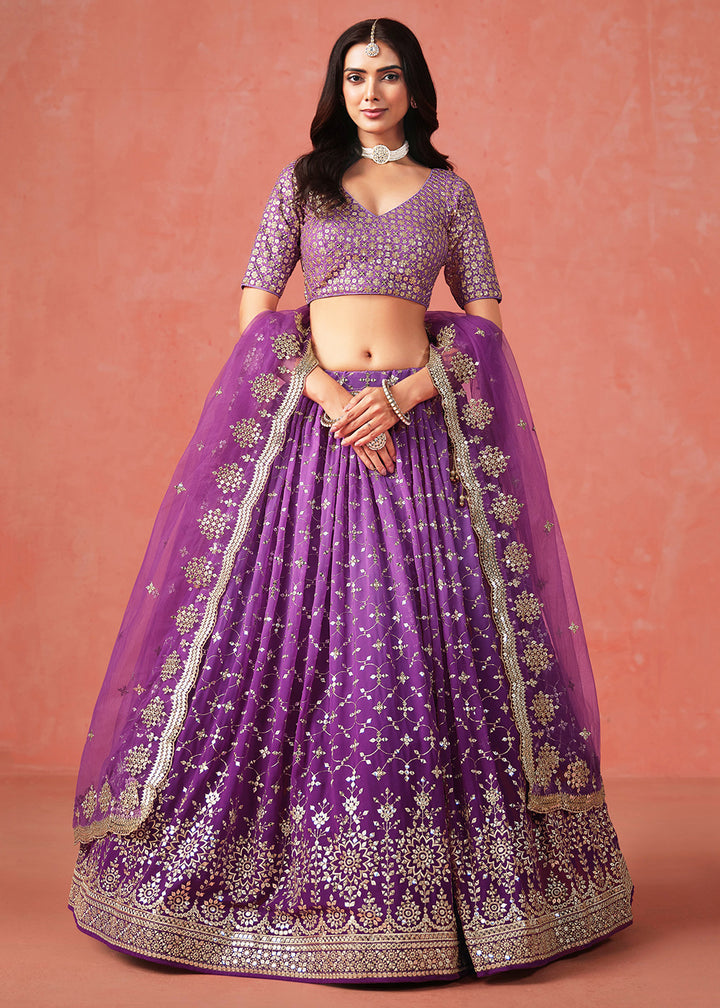 Buy Now Purple Sequin & Zari Embroidered Wedding Lehenga Choli Online in USA, UK, Canada, France, Italy, Germany, Australia, UAE & Worldwide at Empress Clothing