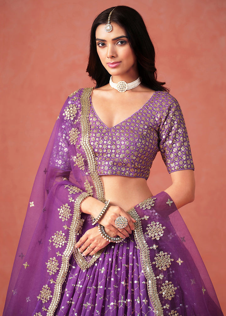 Buy Now Purple Sequin & Zari Embroidered Wedding Lehenga Choli Online in USA, UK, Canada, France, Italy, Germany, Australia, UAE & Worldwide at Empress Clothing