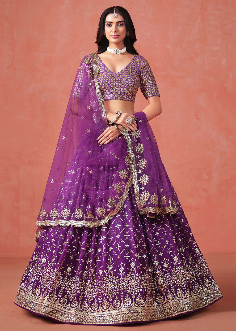 Buy Now Purple Sequin & Zari Embroidered Wedding Lehenga Choli Online in USA, UK, Canada, France, Italy, Germany, Australia, UAE & Worldwide at Empress Clothing