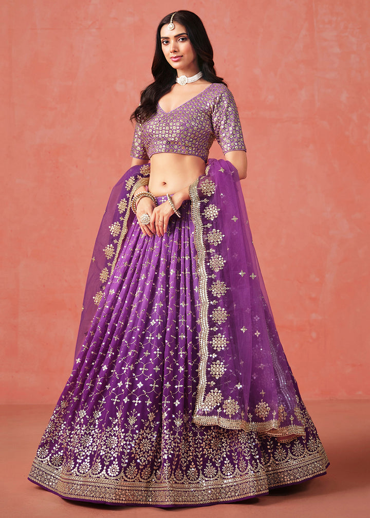 Buy Now Purple Sequin & Zari Embroidered Wedding Lehenga Choli Online in USA, UK, Canada, France, Italy, Germany, Australia, UAE & Worldwide at Empress Clothing