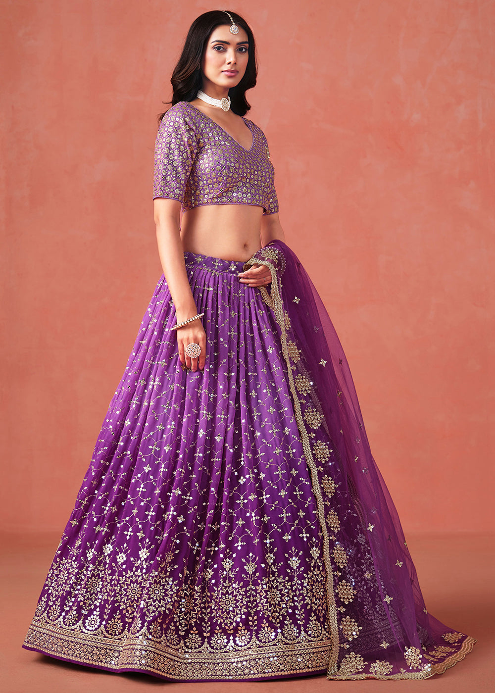 Buy Now Purple Sequin & Zari Embroidered Wedding Lehenga Choli Online in USA, UK, Canada, France, Italy, Germany, Australia, UAE & Worldwide at Empress Clothing