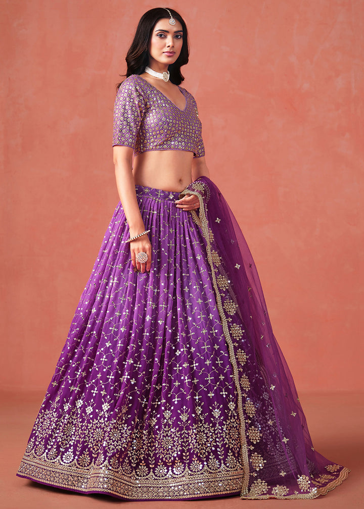 Buy Now Purple Sequin & Zari Embroidered Wedding Lehenga Choli Online in USA, UK, Canada, France, Italy, Germany, Australia, UAE & Worldwide at Empress Clothing