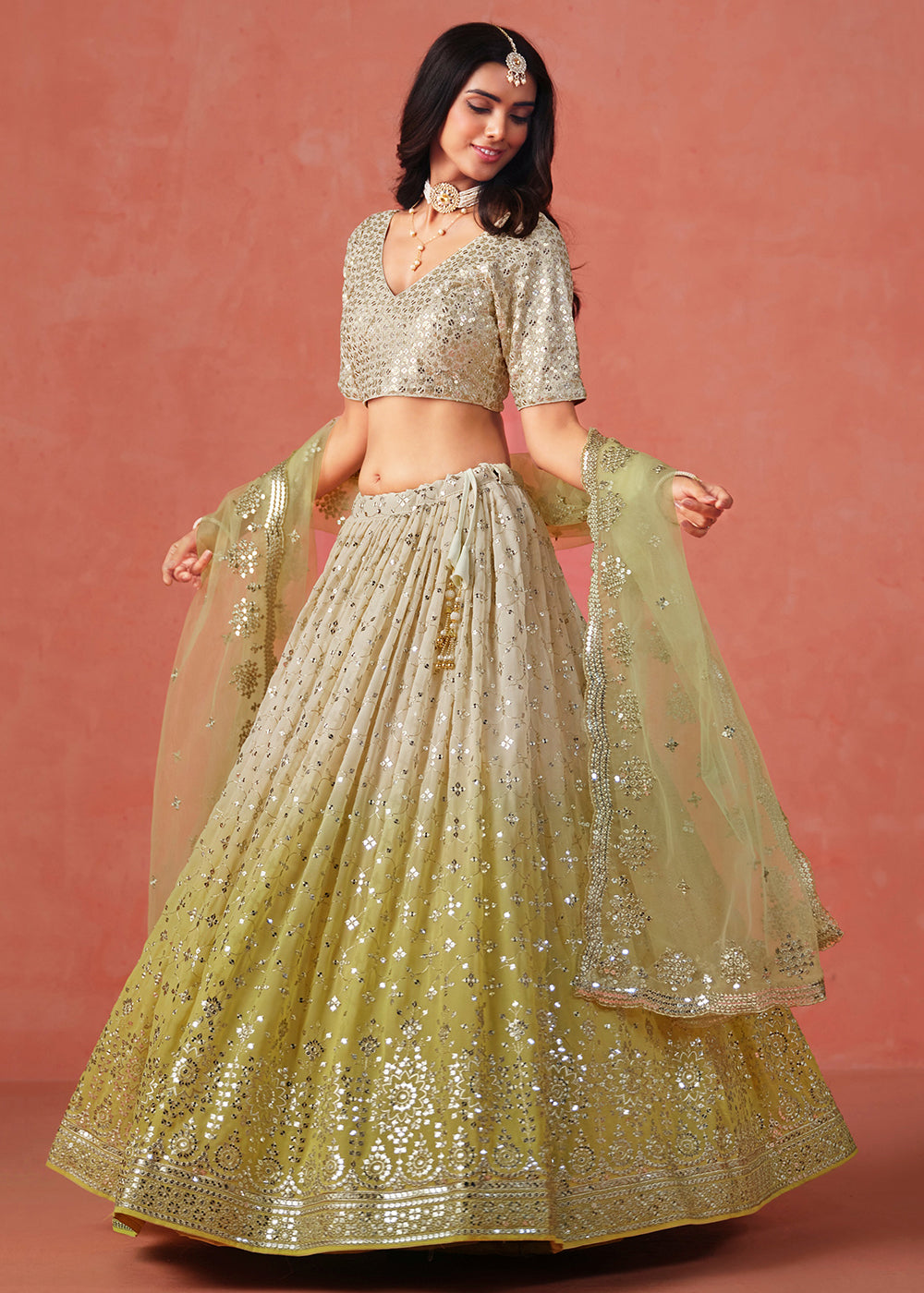 Buy Now Yellow Sequin & Zari Embroidered Wedding Lehenga Choli Online in USA, UK, Canada, France, Italy, Germany, Australia, UAE & Worldwide at Empress Clothing.
