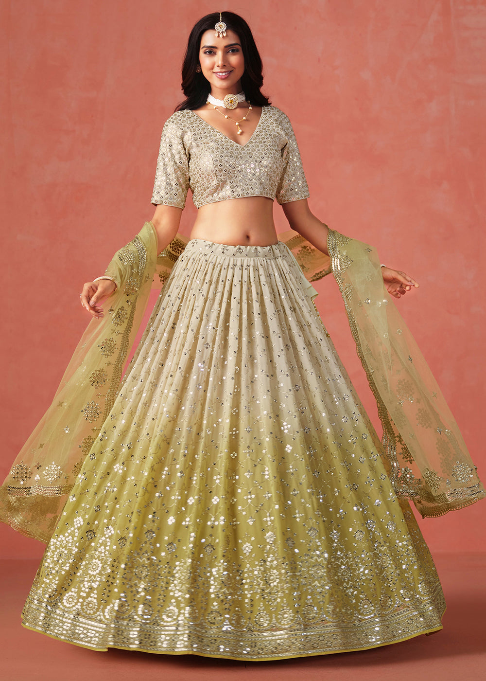 Buy Now Yellow Sequin & Zari Embroidered Wedding Lehenga Choli Online in USA, UK, Canada, France, Italy, Germany, Australia, UAE & Worldwide at Empress Clothing.