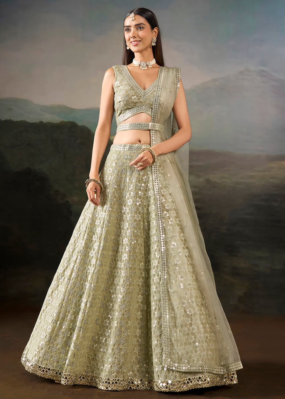 Buy Now Green Georgette Real Mirror Lace Work Wedding Lehenga Choli Online in US, UK, Canada, France, Germany, Austria, Italy, Australia & Worldwide at Empress.