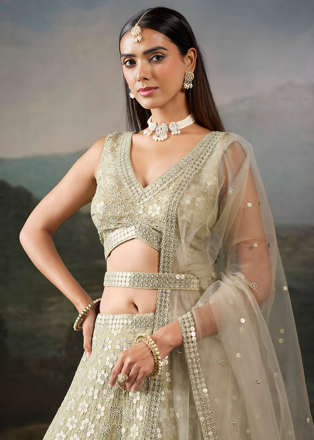 Buy Now Green Georgette Real Mirror Lace Work Wedding Lehenga Choli Online in US, UK, Canada, France, Germany, Austria, Italy, Australia &amp; Worldwide at Empress.