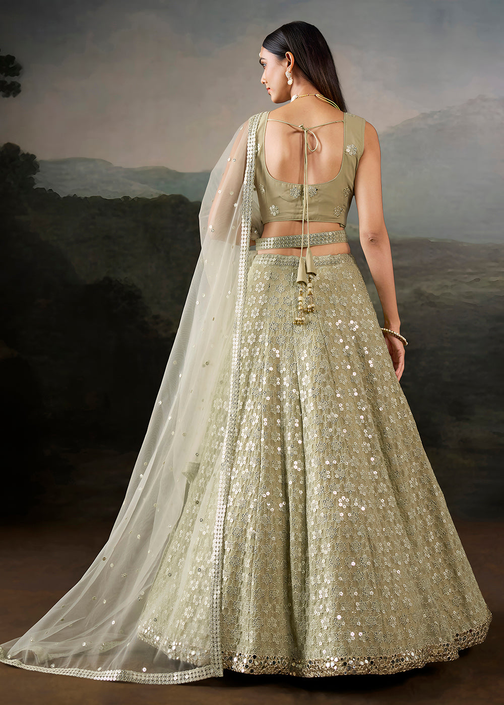 Buy Now Green Georgette Real Mirror Lace Work Wedding Lehenga Choli Online in US, UK, Canada, France, Germany, Austria, Italy, Australia &amp; Worldwide at Empress.