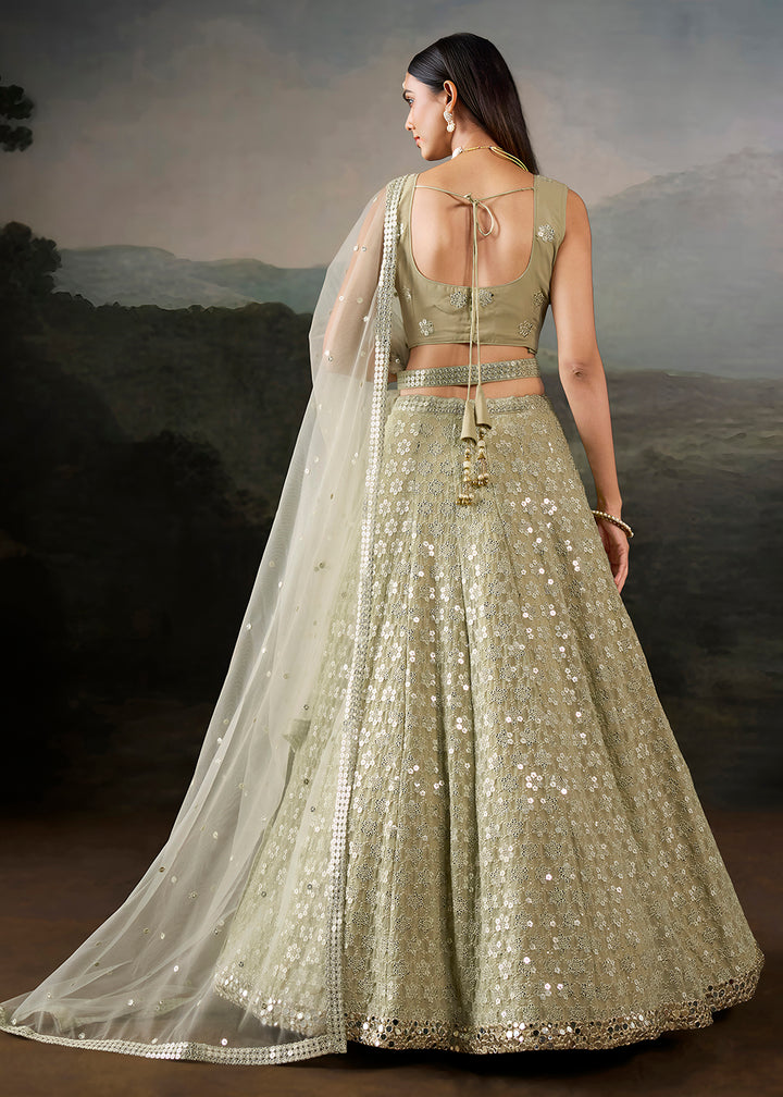 Buy Now Green Georgette Real Mirror Lace Work Wedding Lehenga Choli Online in US, UK, Canada, France, Germany, Austria, Italy, Australia &amp; Worldwide at Empress.
