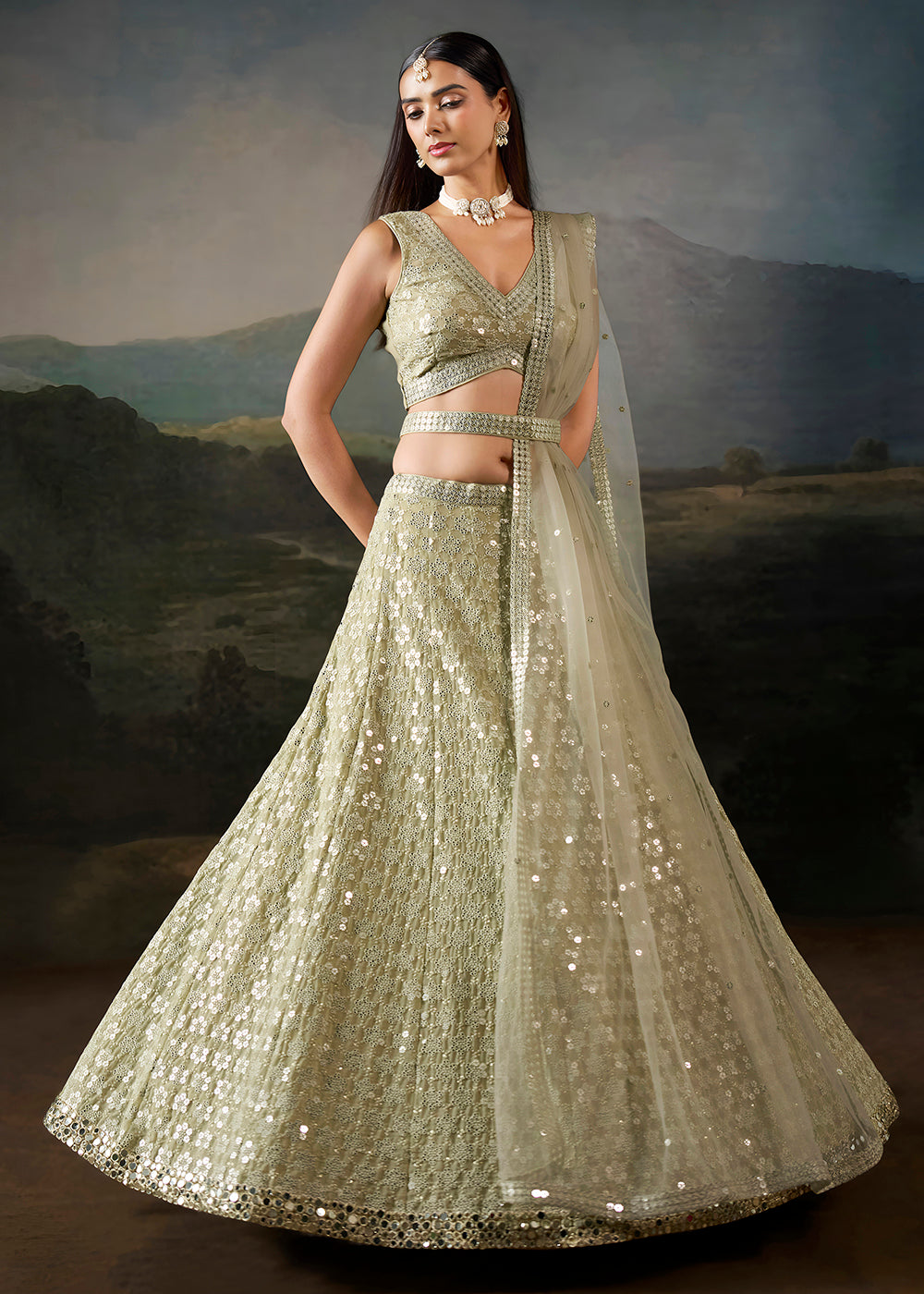Buy Now Green Georgette Real Mirror Lace Work Wedding Lehenga Choli Online in US, UK, Canada, France, Germany, Austria, Italy, Australia &amp; Worldwide at Empress.