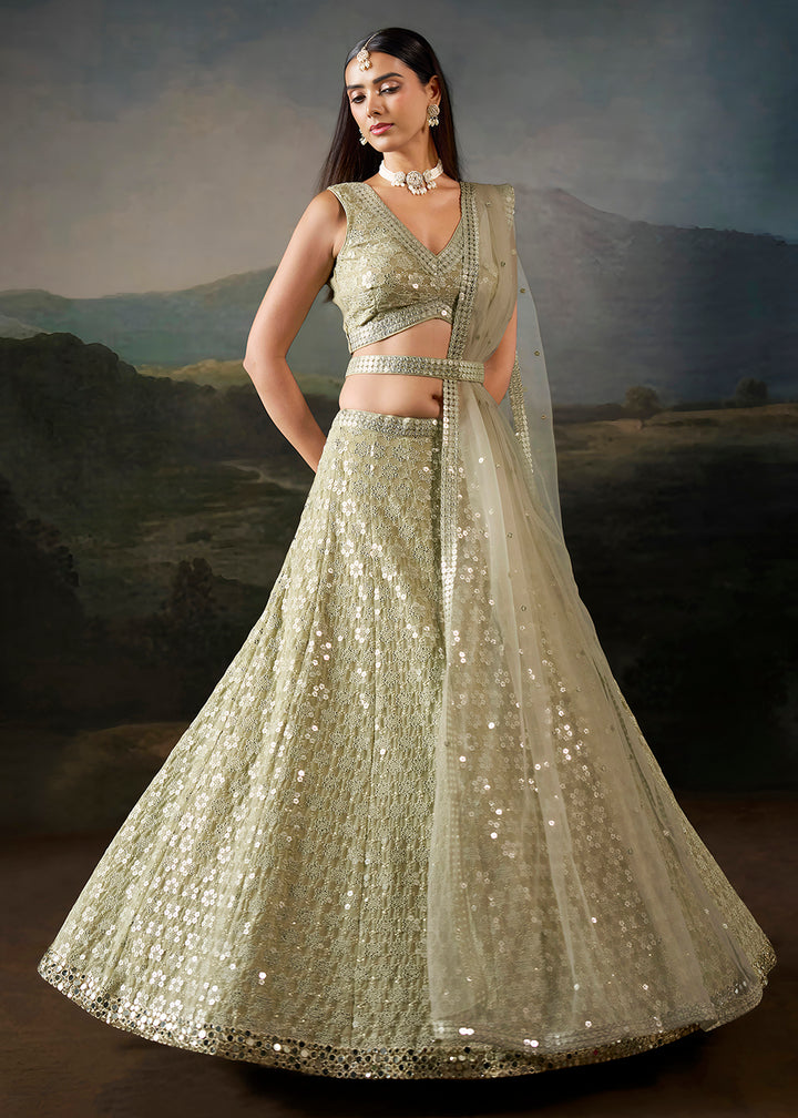Buy Now Green Georgette Real Mirror Lace Work Wedding Lehenga Choli Online in US, UK, Canada, France, Germany, Austria, Italy, Australia &amp; Worldwide at Empress.