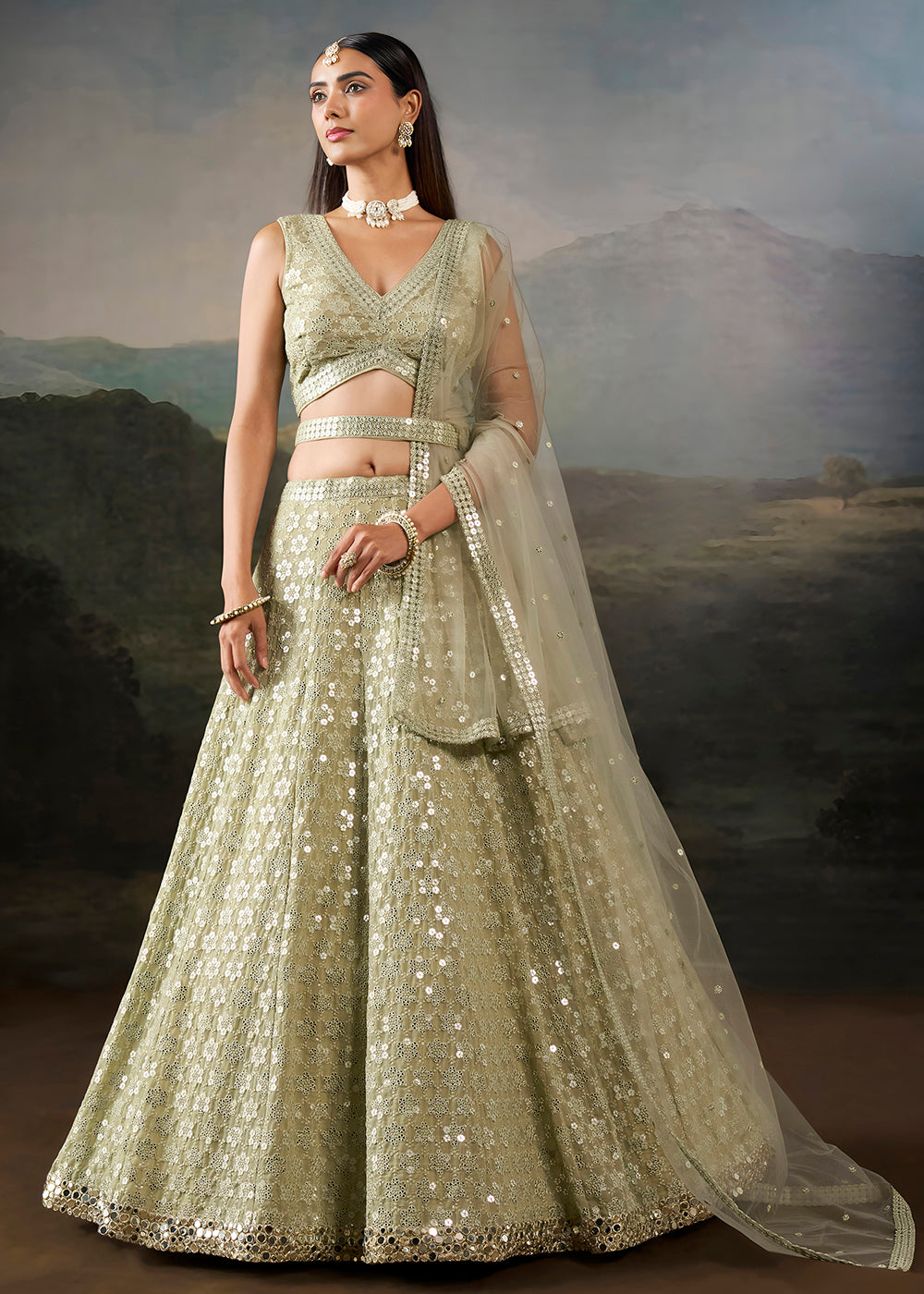 Buy Now Green Georgette Real Mirror Lace Work Wedding Lehenga Choli Online in US, UK, Canada, France, Germany, Austria, Italy, Australia &amp; Worldwide at Empress.