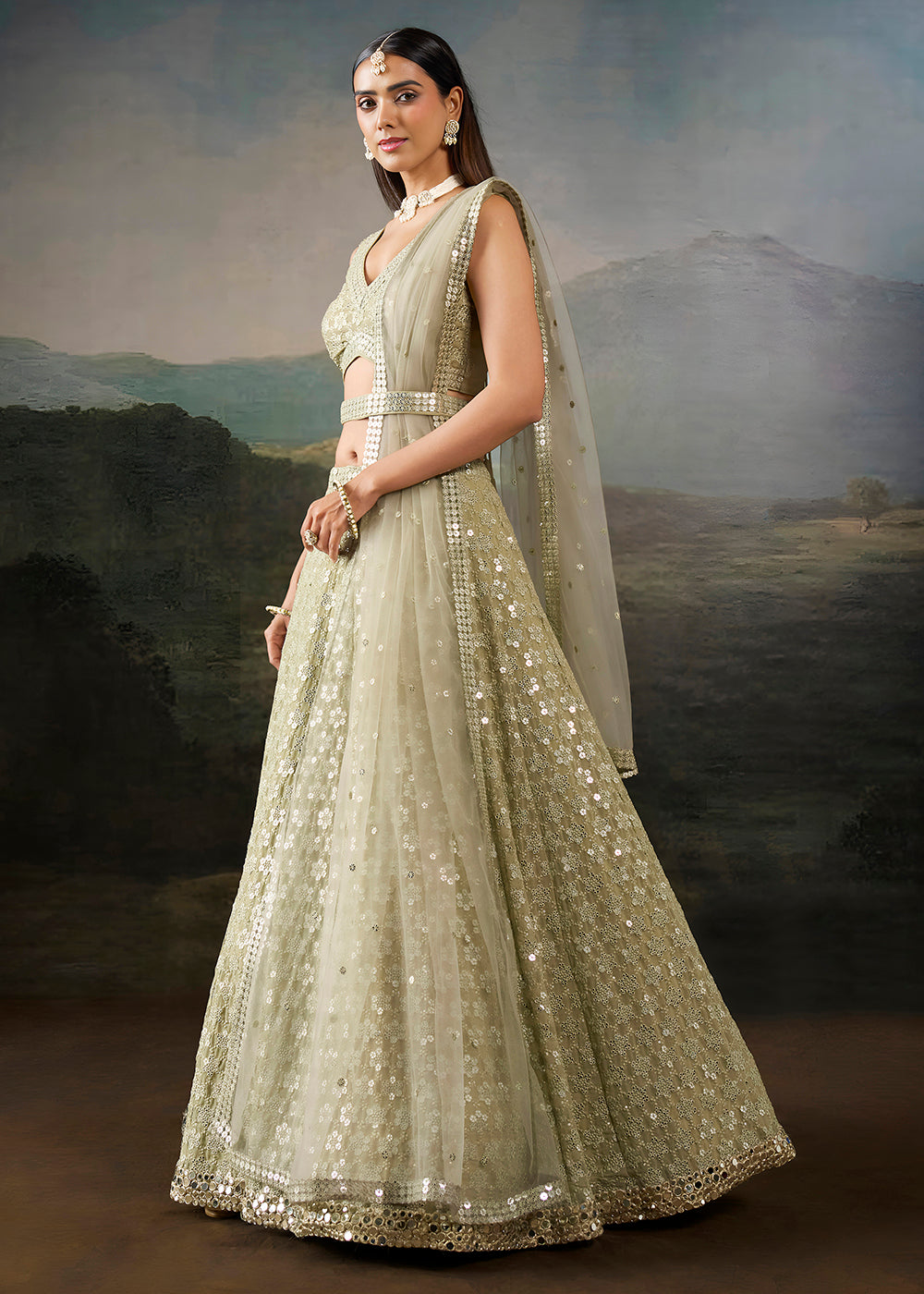 Buy Now Green Georgette Real Mirror Lace Work Wedding Lehenga Choli Online in US, UK, Canada, France, Germany, Austria, Italy, Australia &amp; Worldwide at Empress.