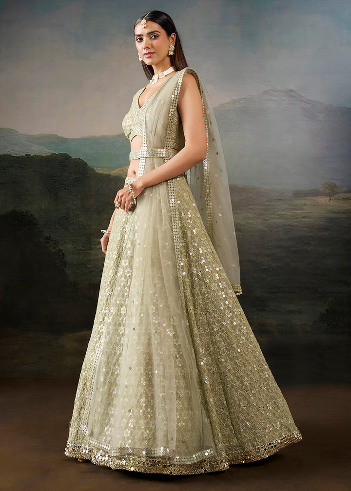 Buy Now Green Georgette Real Mirror Lace Work Wedding Lehenga Choli Online in US, UK, Canada, France, Germany, Austria, Italy, Australia &amp; Worldwide at Empress.