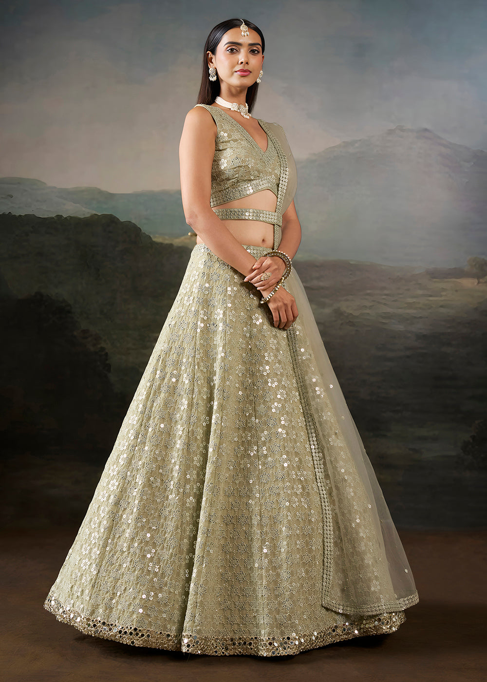 Buy Now Green Georgette Real Mirror Lace Work Wedding Lehenga Choli Online in US, UK, Canada, France, Germany, Austria, Italy, Australia &amp; Worldwide at Empress.