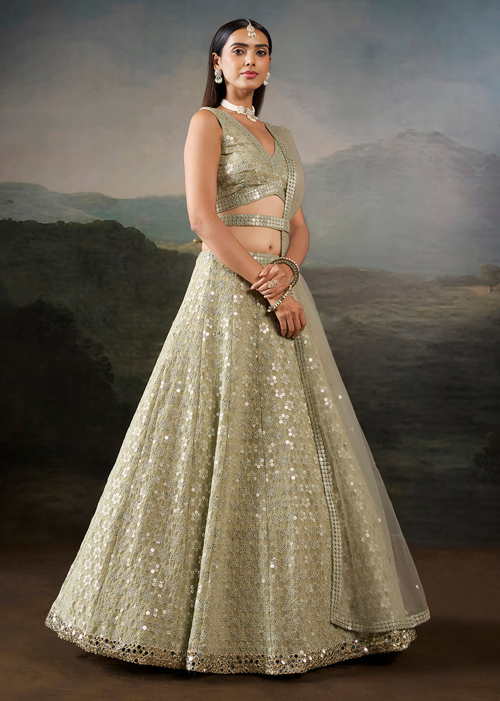 Buy Now Green Georgette Real Mirror Lace Work Wedding Lehenga Choli Online in US, UK, Canada, France, Germany, Austria, Italy, Australia &amp; Worldwide at Empress.