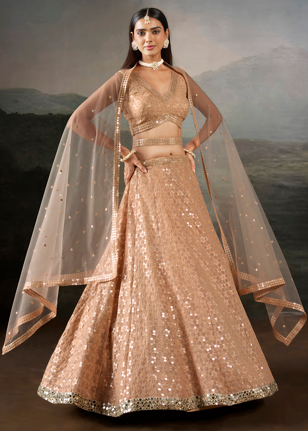 Buy Now Peach Georgette Real Mirror Lace Work Wedding Lehenga Choli Online in US, UK, Canada, France, Germany, Austria, Italy, Australia & Worldwide at Empress.