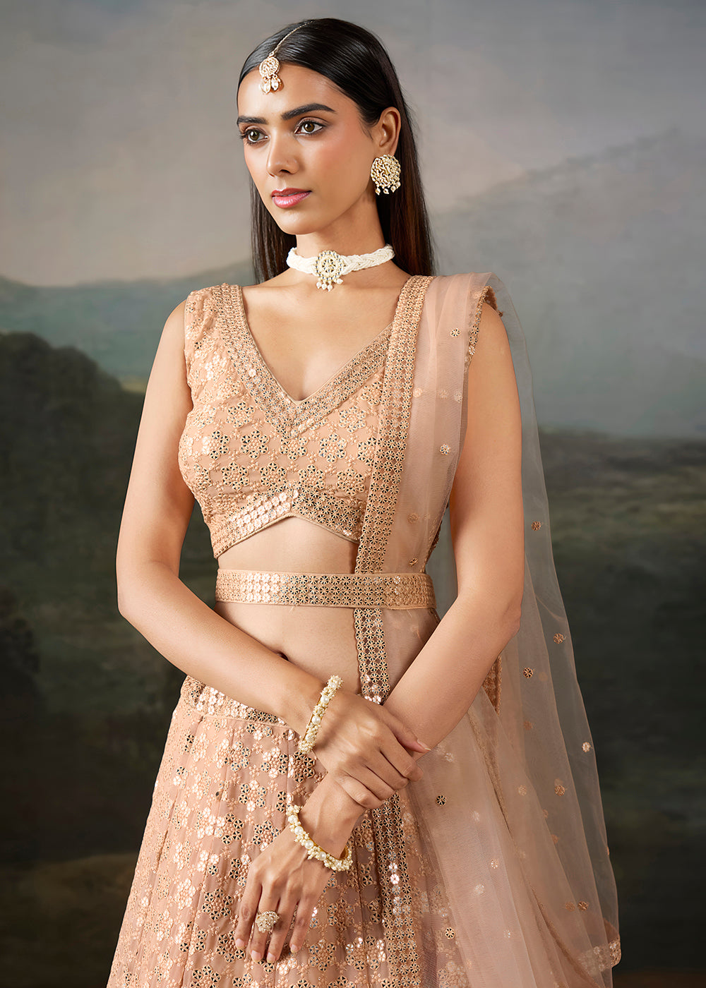Buy Now Peach Georgette Real Mirror Lace Work Wedding Lehenga Choli Online in US, UK, Canada, France, Germany, Austria, Italy, Australia &amp; Worldwide at Empress.