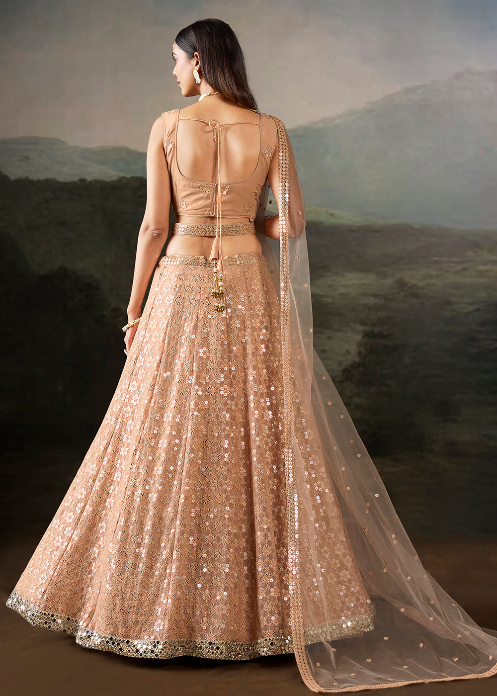 Buy Now Peach Georgette Real Mirror Lace Work Wedding Lehenga Choli Online in US, UK, Canada, France, Germany, Austria, Italy, Australia &amp; Worldwide at Empress.