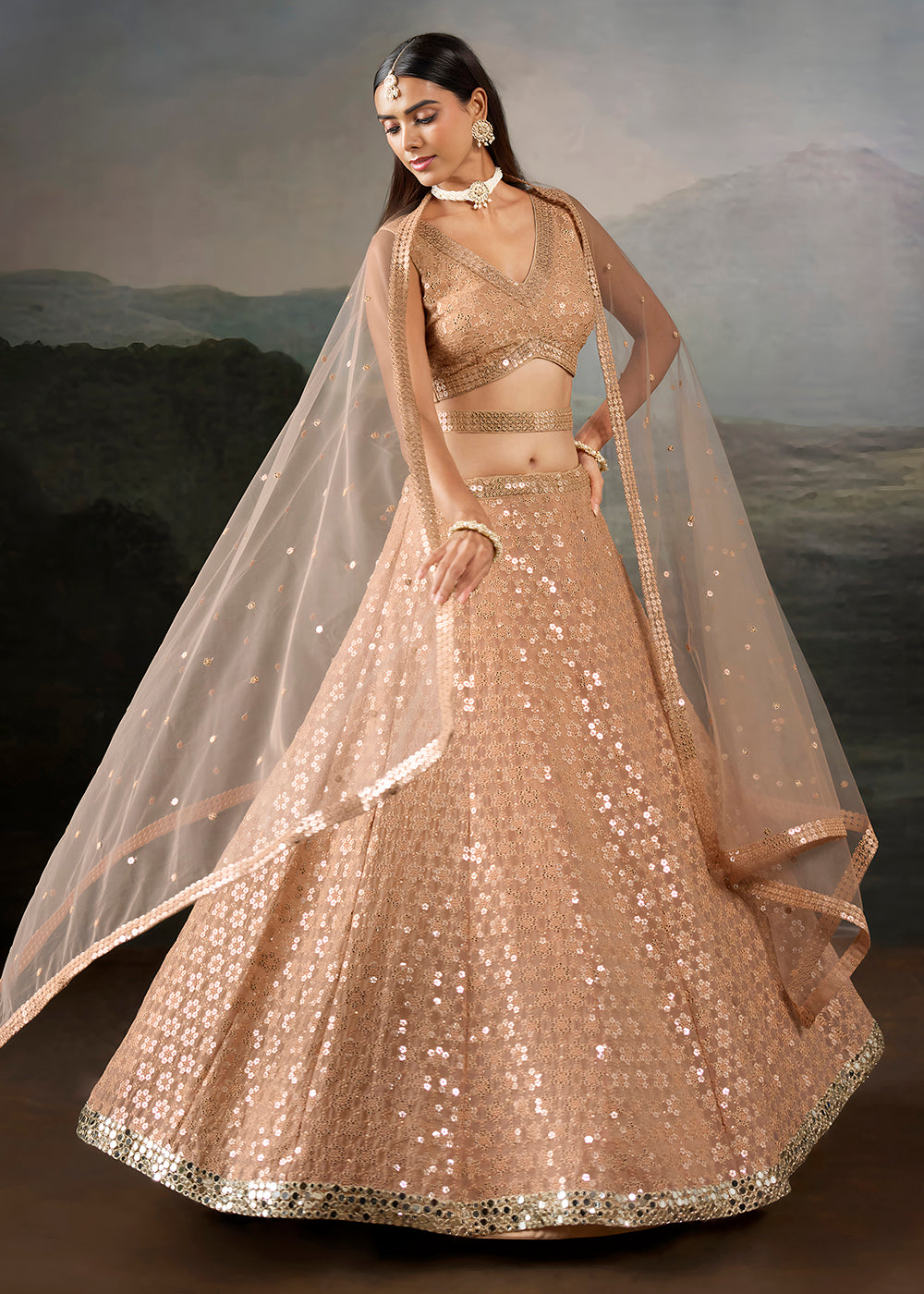 Buy Now Peach Georgette Real Mirror Lace Work Wedding Lehenga Choli Online in US, UK, Canada, France, Germany, Austria, Italy, Australia &amp; Worldwide at Empress.