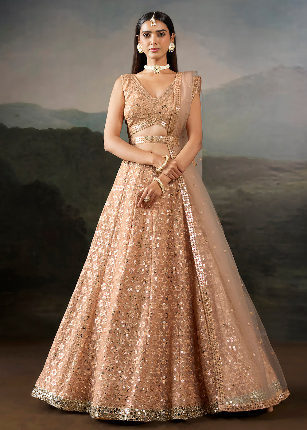 Buy Now Peach Georgette Real Mirror Lace Work Wedding Lehenga Choli Online in US, UK, Canada, France, Germany, Austria, Italy, Australia &amp; Worldwide at Empress.