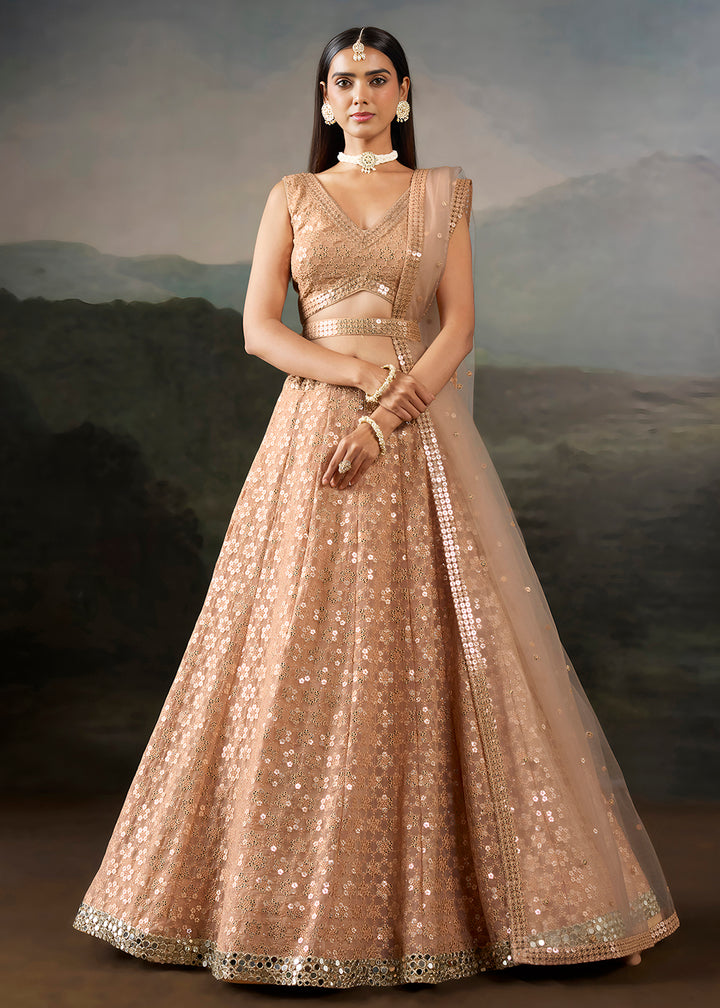 Buy Now Peach Georgette Real Mirror Lace Work Wedding Lehenga Choli Online in US, UK, Canada, France, Germany, Austria, Italy, Australia &amp; Worldwide at Empress.