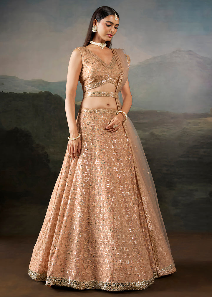 Buy Now Peach Georgette Real Mirror Lace Work Wedding Lehenga Choli Online in US, UK, Canada, France, Germany, Austria, Italy, Australia &amp; Worldwide at Empress.