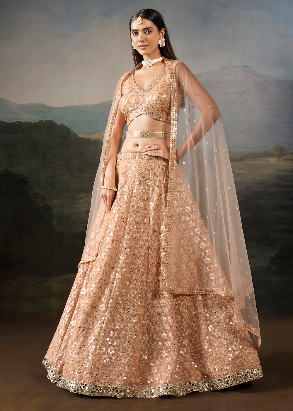 Buy Now Peach Georgette Real Mirror Lace Work Wedding Lehenga Choli Online in US, UK, Canada, France, Germany, Austria, Italy, Australia &amp; Worldwide at Empress.
