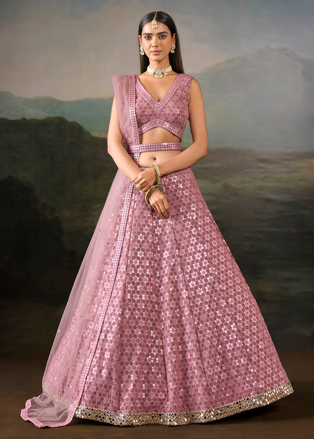 Buy Now Pink Georgette Real Mirror Lace Work Wedding Lehenga Choli Online in US, UK, Canada, France, Germany, Austria, Italy, Australia & Worldwide at Empress.