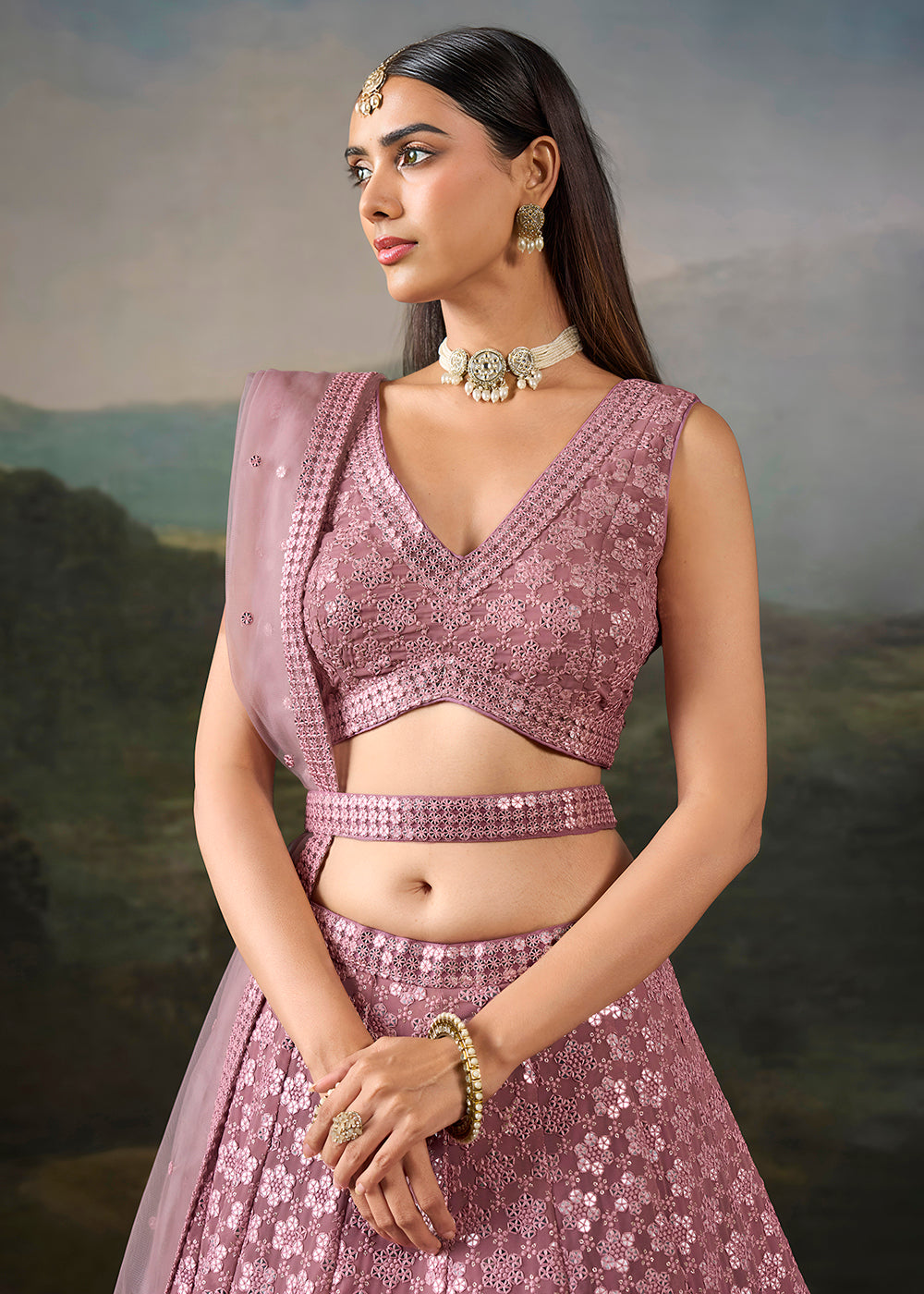 Buy Now Pink Georgette Real Mirror Lace Work Wedding Lehenga Choli Online in US, UK, Canada, France, Germany, Austria, Italy, Australia &amp; Worldwide at Empress.