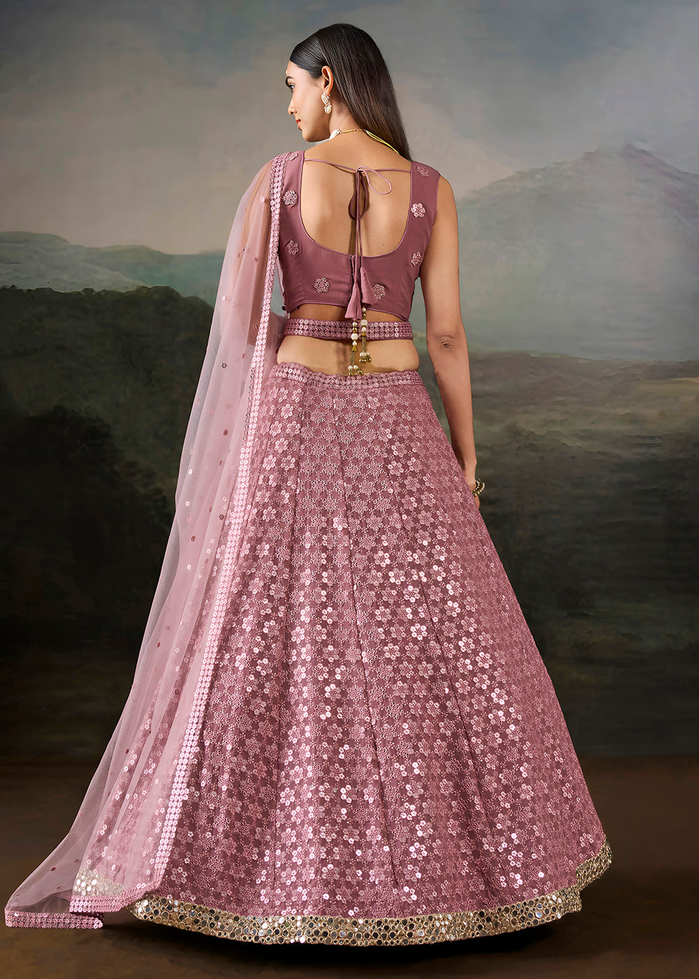 Buy Now Pink Georgette Real Mirror Lace Work Wedding Lehenga Choli Online in US, UK, Canada, France, Germany, Austria, Italy, Australia &amp; Worldwide at Empress.