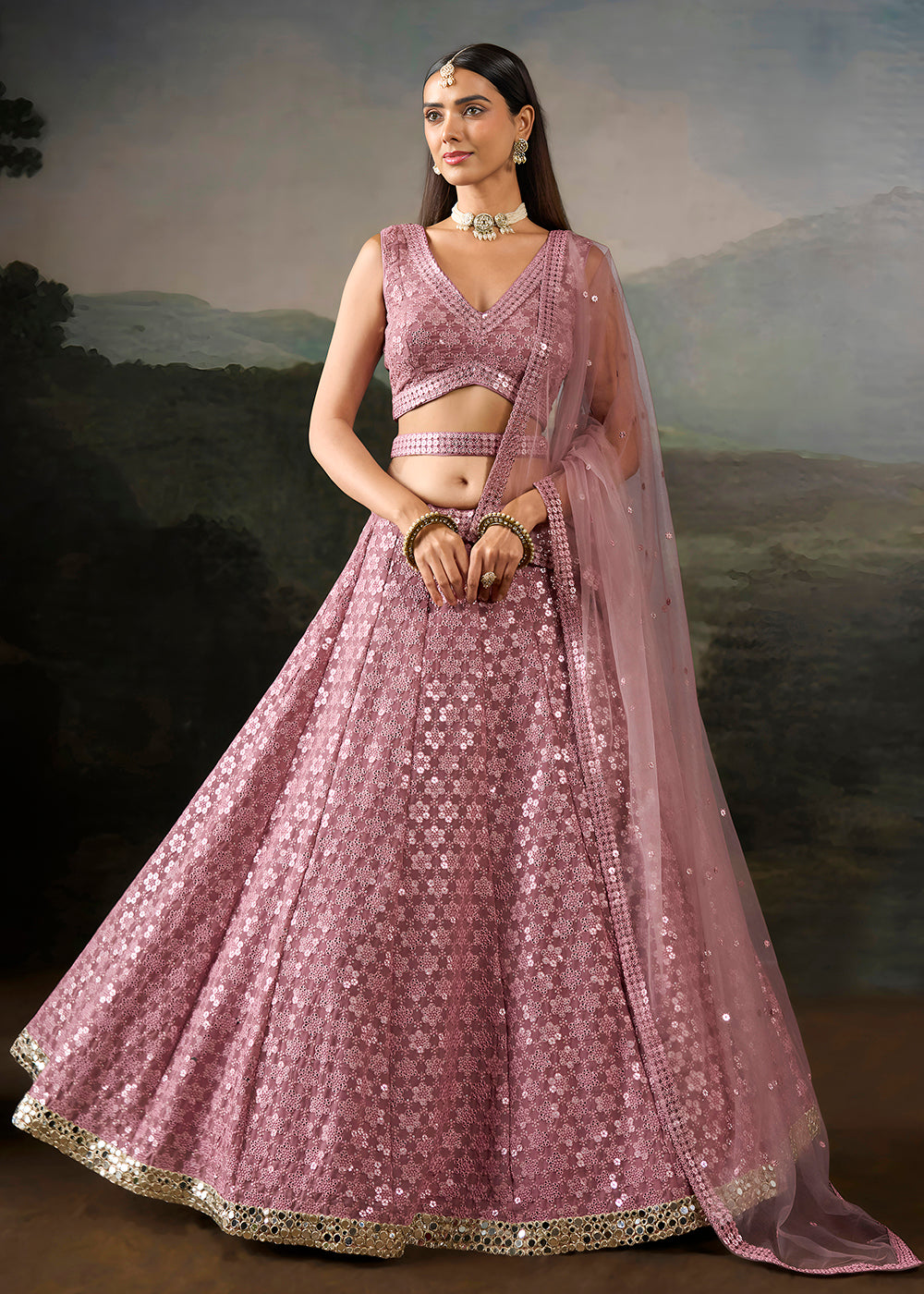 Buy Now Pink Georgette Real Mirror Lace Work Wedding Lehenga Choli Online in US, UK, Canada, France, Germany, Austria, Italy, Australia &amp; Worldwide at Empress.
