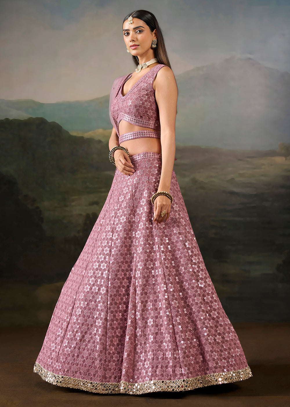 Buy Now Pink Georgette Real Mirror Lace Work Wedding Lehenga Choli Online in US, UK, Canada, France, Germany, Austria, Italy, Australia &amp; Worldwide at Empress.