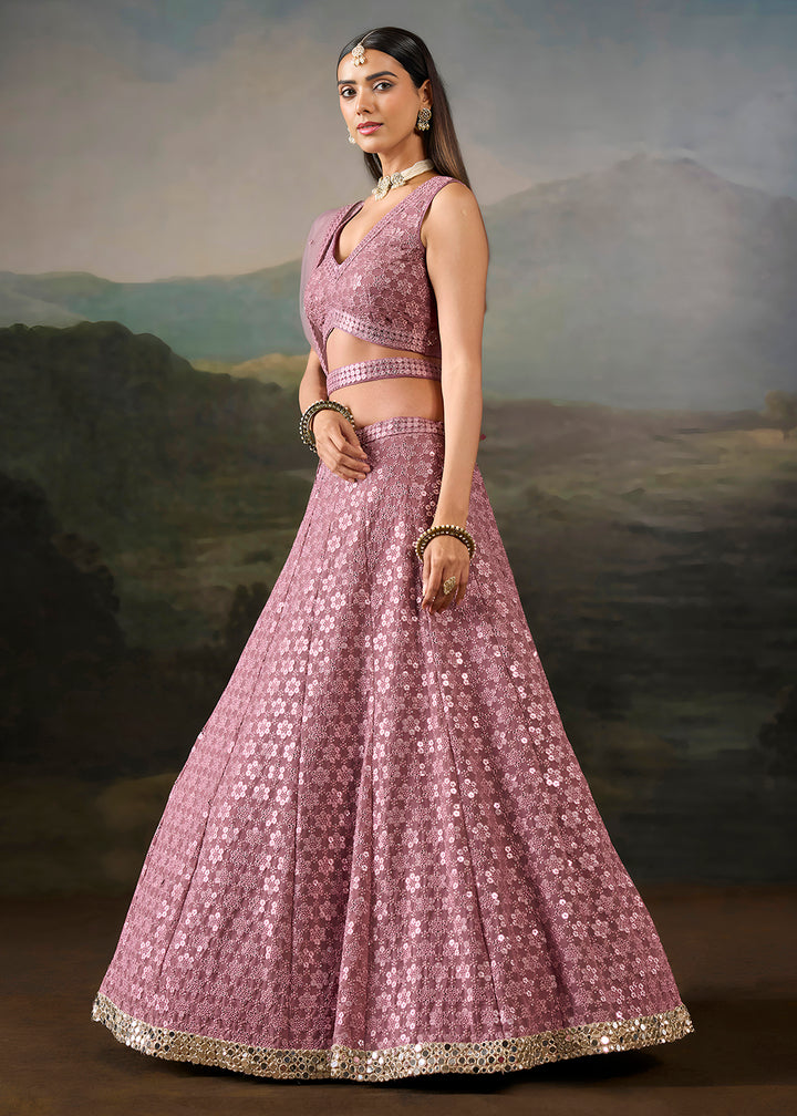 Buy Now Pink Georgette Real Mirror Lace Work Wedding Lehenga Choli Online in US, UK, Canada, France, Germany, Austria, Italy, Australia &amp; Worldwide at Empress.