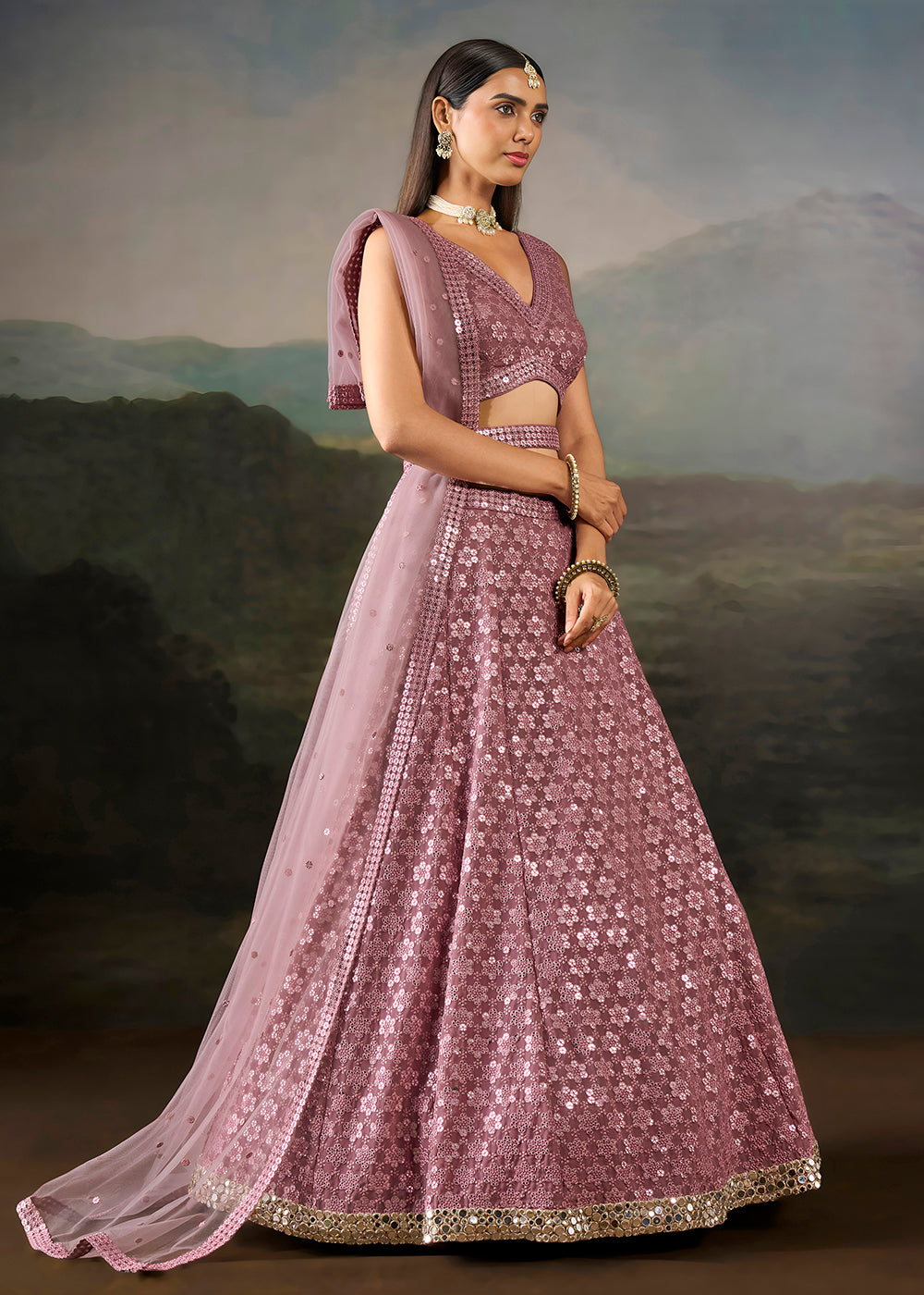 Buy Now Pink Georgette Real Mirror Lace Work Wedding Lehenga Choli Online in US, UK, Canada, France, Germany, Austria, Italy, Australia &amp; Worldwide at Empress.