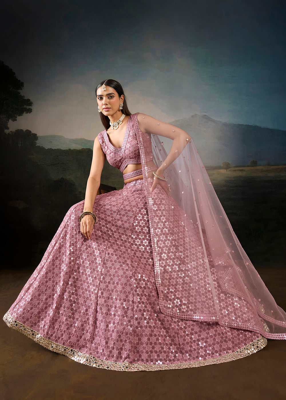 Buy Now Pink Georgette Real Mirror Lace Work Wedding Lehenga Choli Online in US, UK, Canada, France, Germany, Austria, Italy, Australia &amp; Worldwide at Empress.
