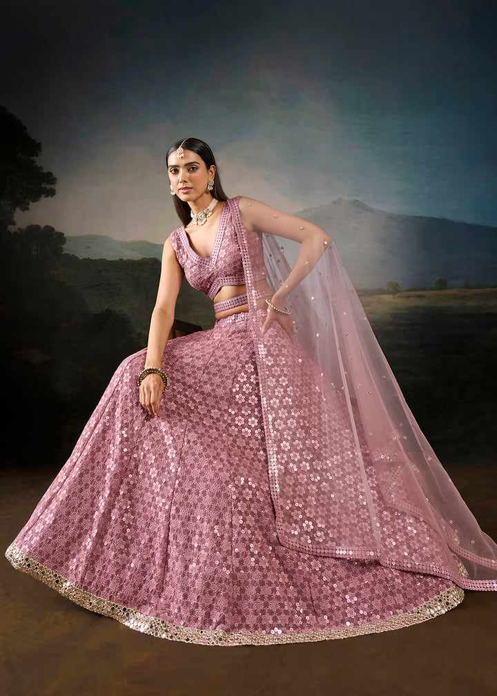 Buy Now Pink Georgette Real Mirror Lace Work Wedding Lehenga Choli Online in US, UK, Canada, France, Germany, Austria, Italy, Australia &amp; Worldwide at Empress.