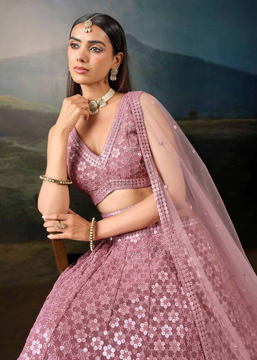 Buy Now Pink Georgette Real Mirror Lace Work Wedding Lehenga Choli Online in US, UK, Canada, France, Germany, Austria, Italy, Australia &amp; Worldwide at Empress.