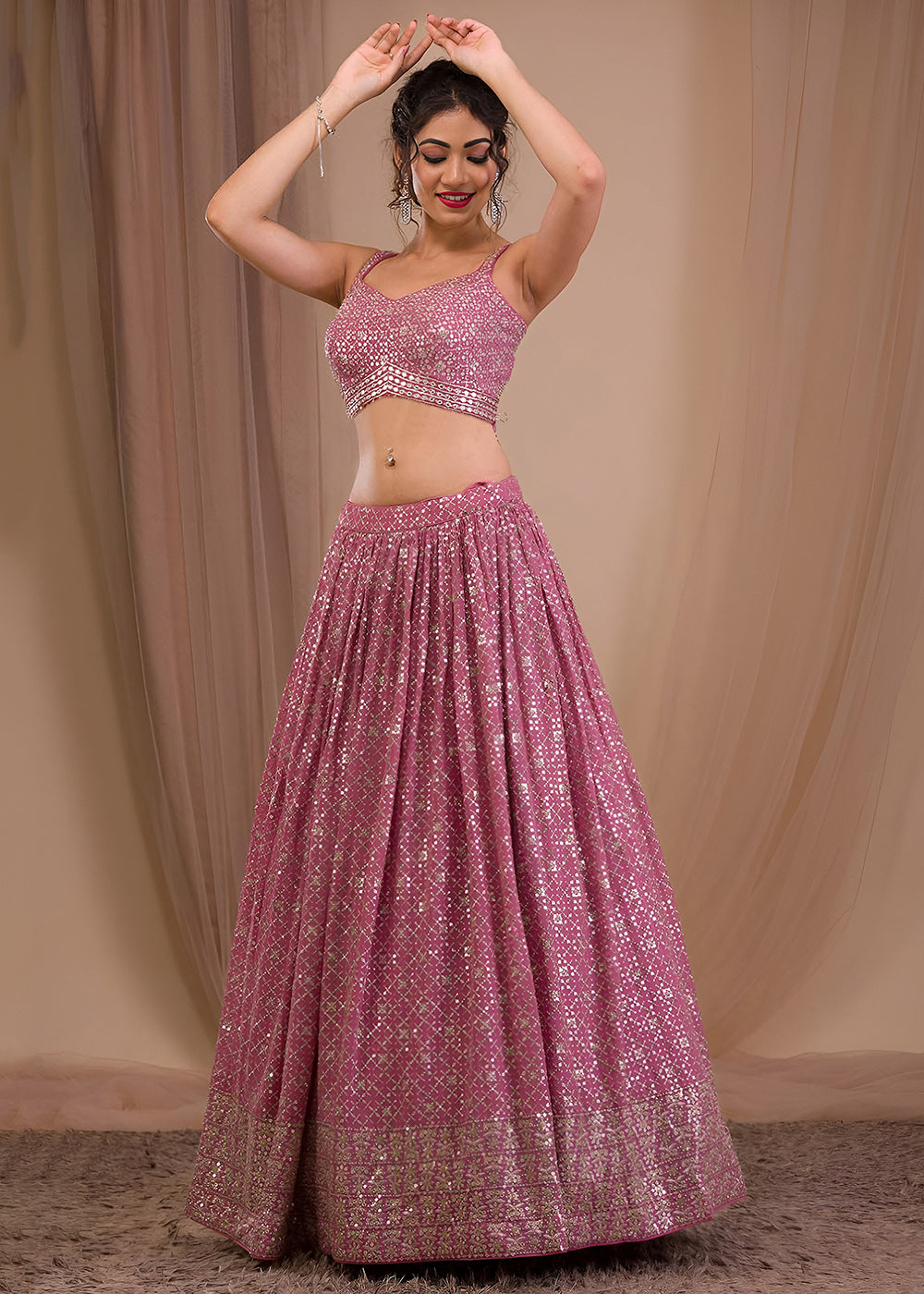 Buy Now Wedding Festive Wear Onion Pink Designer Lehenga Choli Online in US, UK, Canada, France, Italy, Germany, Australia, Greece, UAE &amp; Worldwide at Empress.