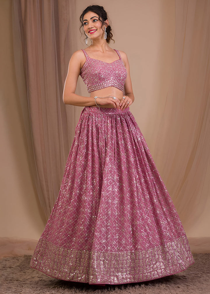Buy Now Wedding Festive Wear Onion Pink Designer Lehenga Choli Online in US, UK, Canada, France, Italy, Germany, Australia, Greece, UAE &amp; Worldwide at Empress.