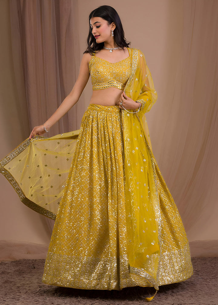 Buy Now Wedding Festive Wear Yellow Designer Lehenga Choli Online in US, UK, Canada, France, Italy, Germany, Australia, Greece, UAE &amp; Worldwide at Empress.