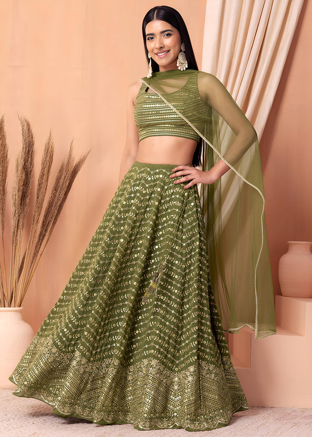 Buy Now Wedding Festive Wear Green Designer Lehenga Choli Online in US, UK, Canada, France, Italy, Germany, Australia, Greece, UAE &amp; Worldwide at Empress.