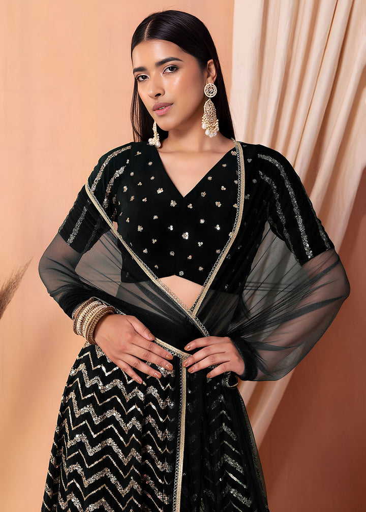 Buy Now Georgette Black Zari & Sequins Wedding Festive Lehenga Choli Online in US, UK, Canada, France, Italy, Germany, Australia, Greece & Worldwide at Empress.