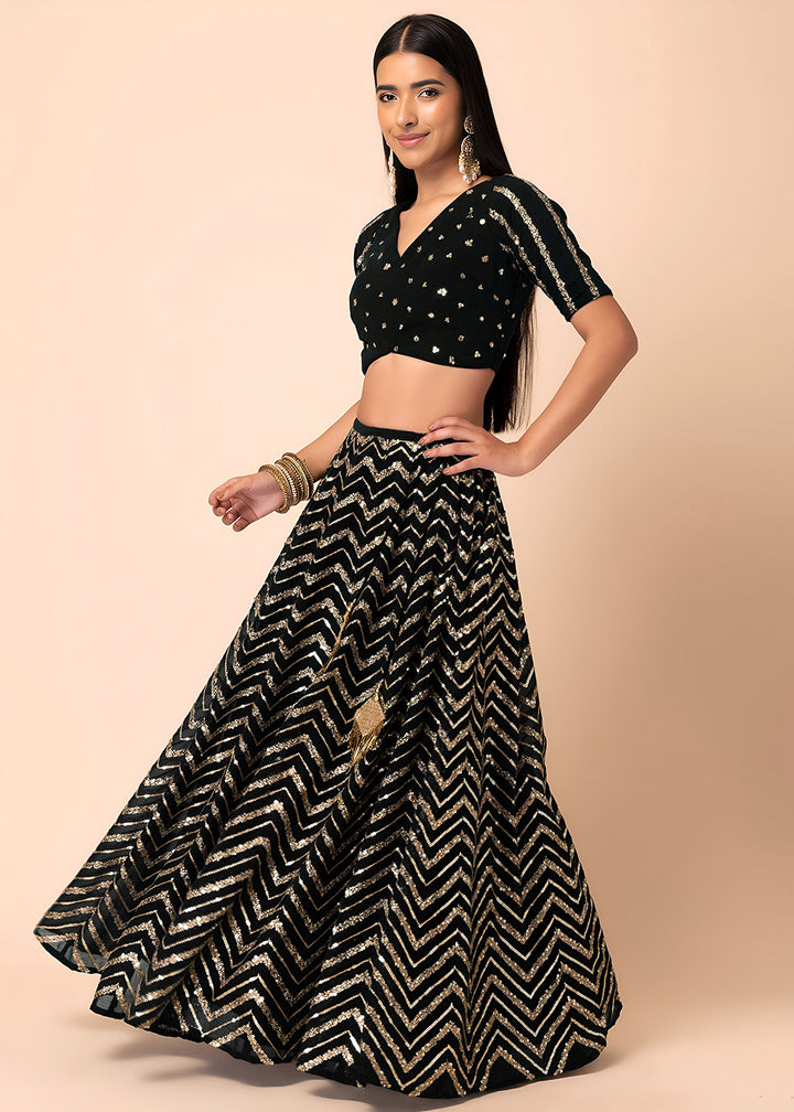 Buy Now Georgette Black Zari & Sequins Wedding Festive Lehenga Choli Online in US, UK, Canada, France, Italy, Germany, Australia, Greece & Worldwide at Empress.