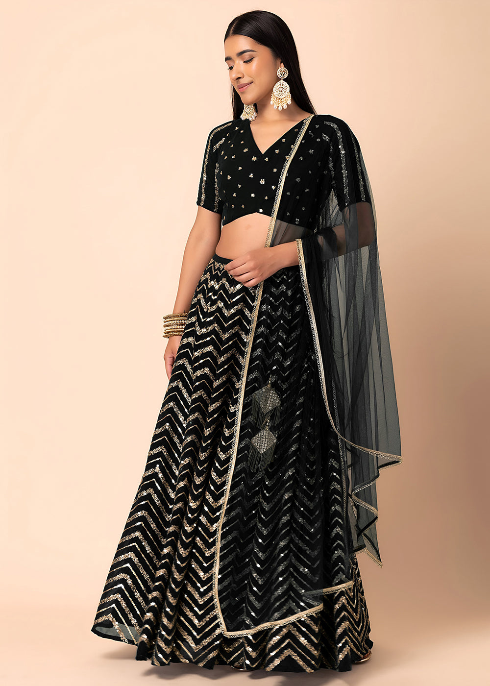 Buy Now Georgette Black Zari & Sequins Wedding Festive Lehenga Choli Online in US, UK, Canada, France, Italy, Germany, Australia, Greece & Worldwide at Empress.