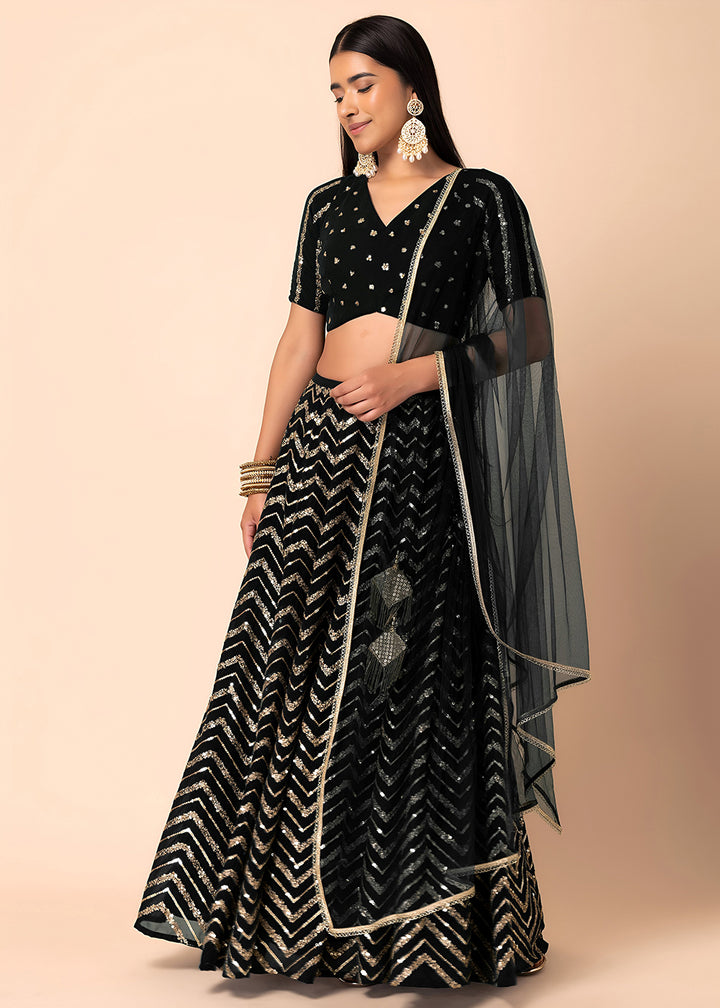 Buy Now Georgette Black Zari & Sequins Wedding Festive Lehenga Choli Online in US, UK, Canada, France, Italy, Germany, Australia, Greece & Worldwide at Empress.