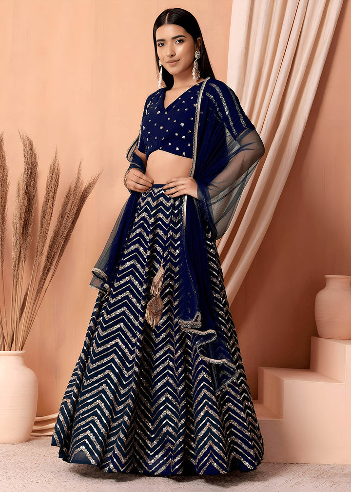 Buy Now Georgette Blue Zari & Sequins Wedding Festive Lehenga Choli Online in US, UK, Canada, France, Italy, Germany, Australia, Greece & Worldwide at Empress.