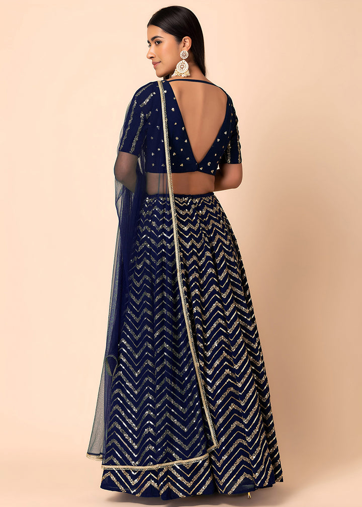 Buy Now Georgette Blue Zari & Sequins Wedding Festive Lehenga Choli Online in US, UK, Canada, France, Italy, Germany, Australia, Greece & Worldwide at Empress.