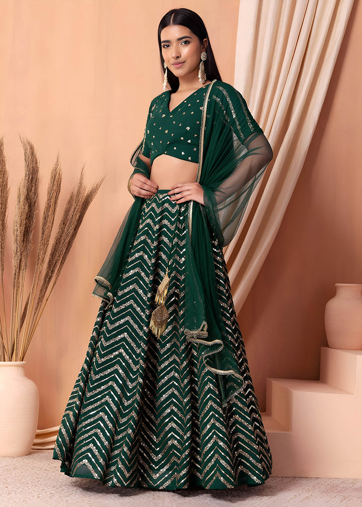 Buy Now Georgette Green Zari & Sequins Wedding Festive Lehenga Choli Online in US, UK, Canada, France, Italy, Germany, Australia, Greece & Worldwide at Empress.