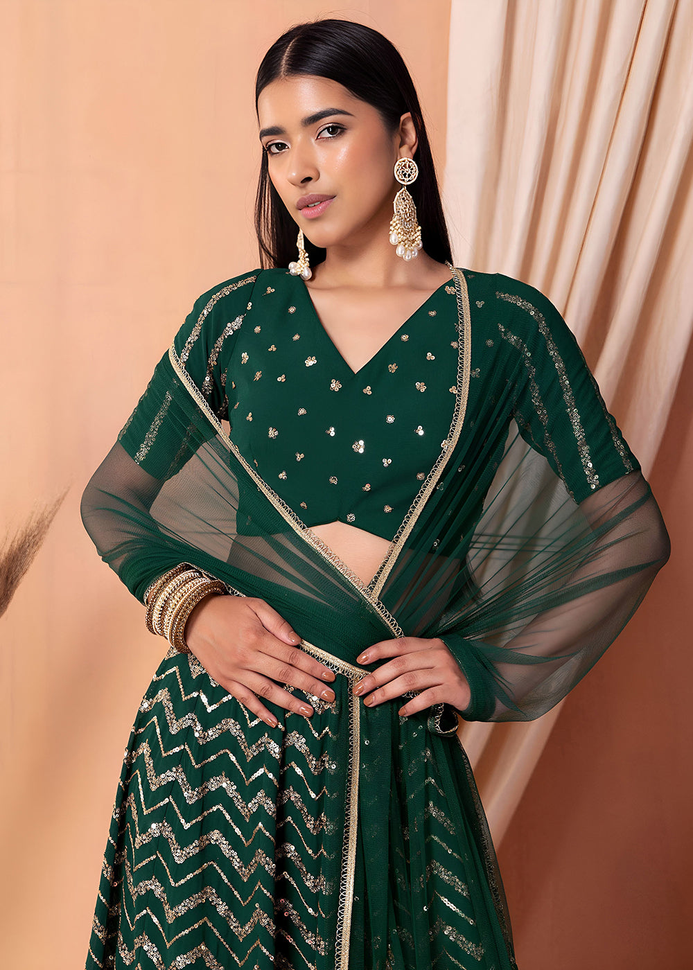 Buy Now Georgette Green Zari & Sequins Wedding Festive Lehenga Choli Online in US, UK, Canada, France, Italy, Germany, Australia, Greece & Worldwide at Empress.